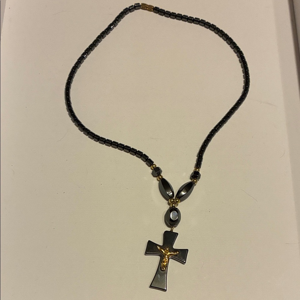Black and Gold Cross Beaded Necklace